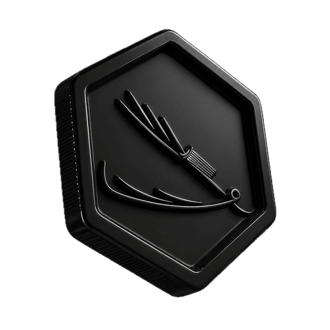 The Blades Studios hex emblem, machined in black steel